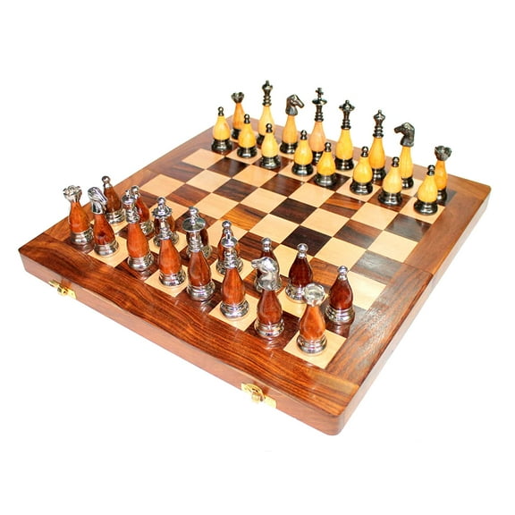 StonKraft 14" x 14" Collectible Wooden Folding Chess Game Board Set   Wooden & Brass Crafted Staunton Figurine Chess Pieces - Acacia Wood - 3.0" Inches King Height