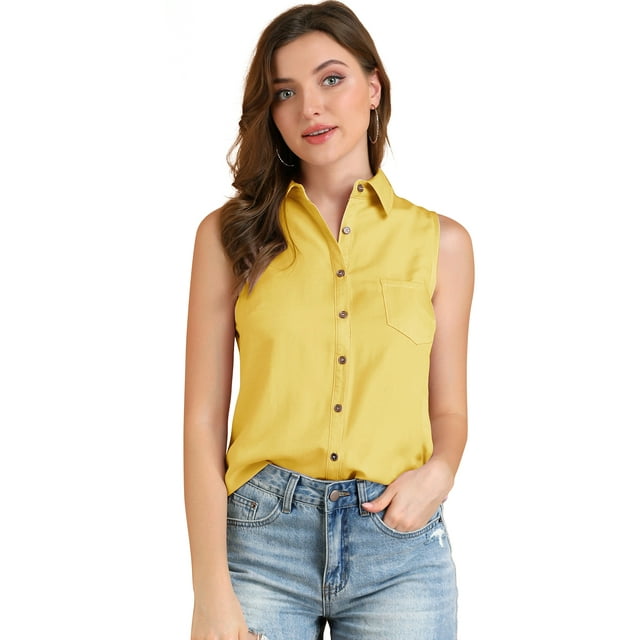 INSPIRE CHIC Chemise Sans Manches à Col Pointu à Simple Boutonnage pour Femme