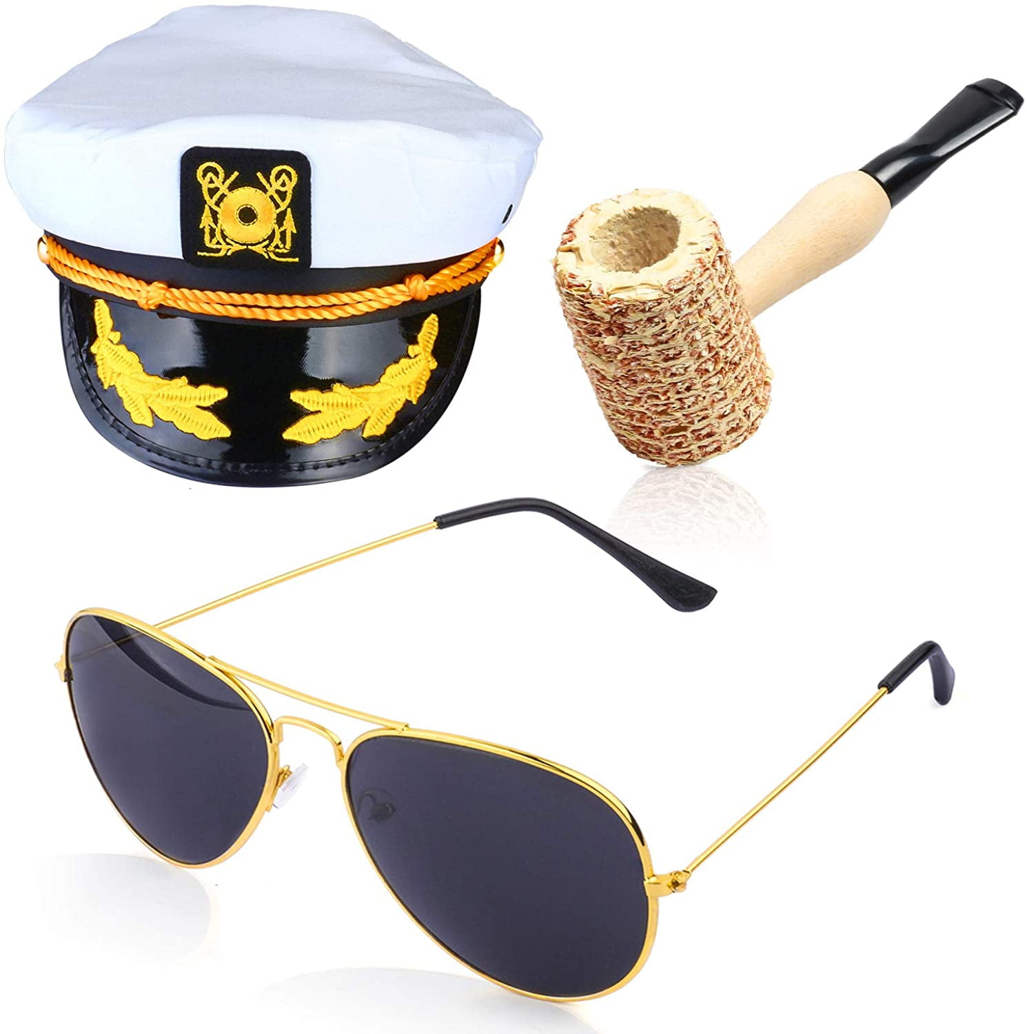 Yacht Captain & Sailor Costume Set Hat,Corn Cob Pipe,Aviator Sunglasses,Vintage Anchor Temporary Tattoo 