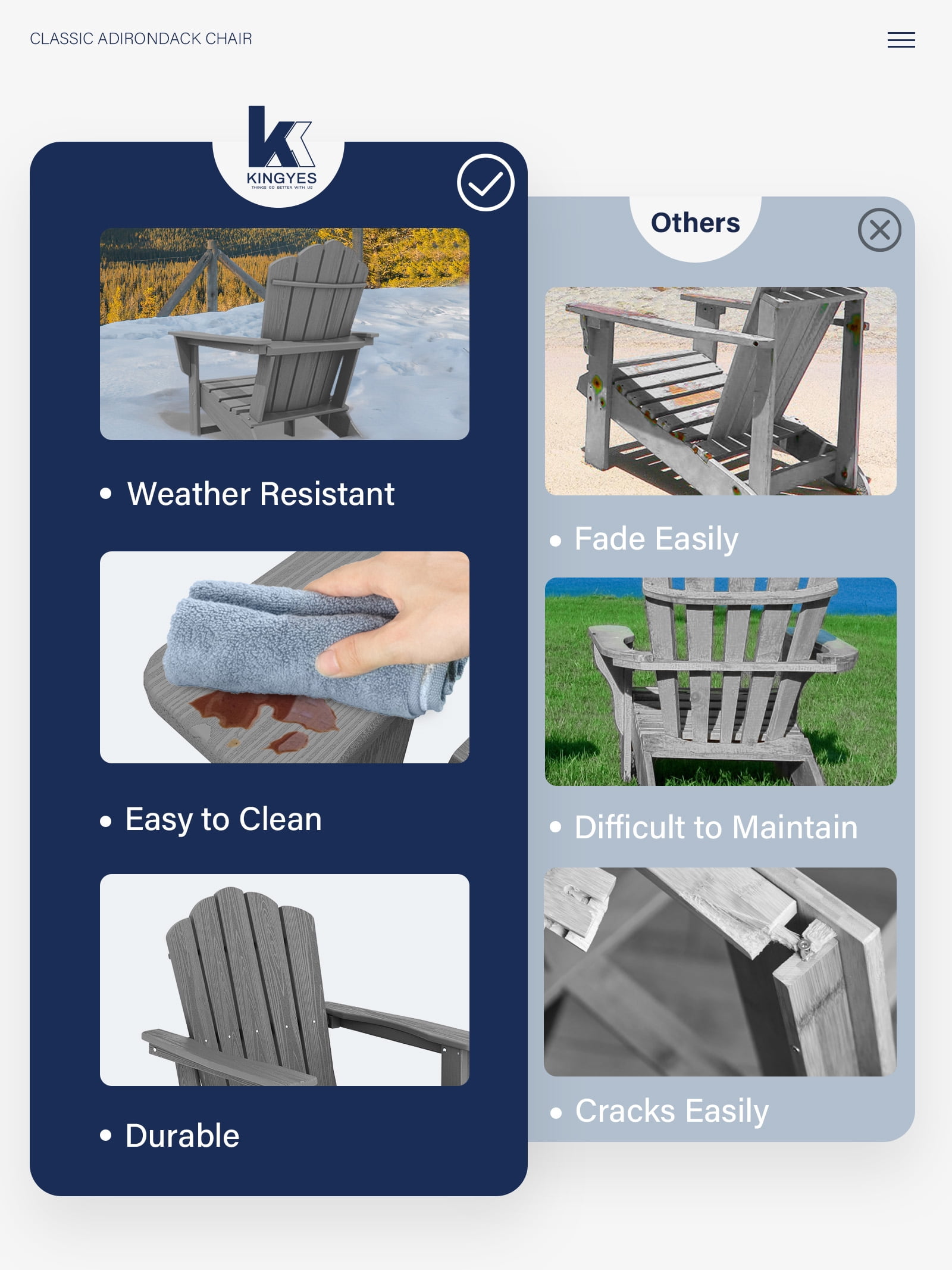 KINGYES HDPE Adirondack Chair, All-Weather Outdoor Fire Pit Chairs for Patio Deck Lawn, Grey
