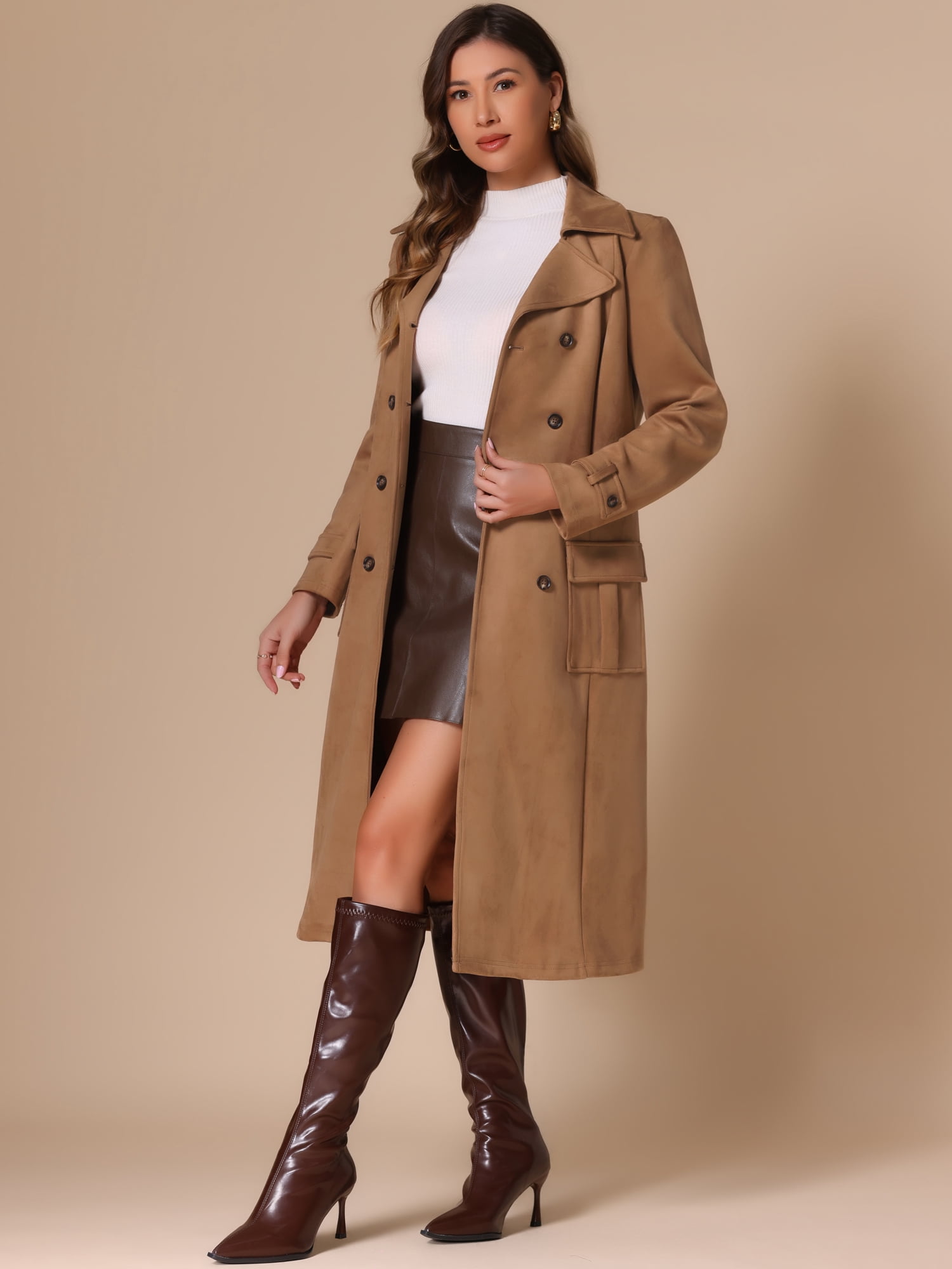 DARING DIVA Women's Long Faux Suede Fall Winter Trench Coat with Pockets L Brown