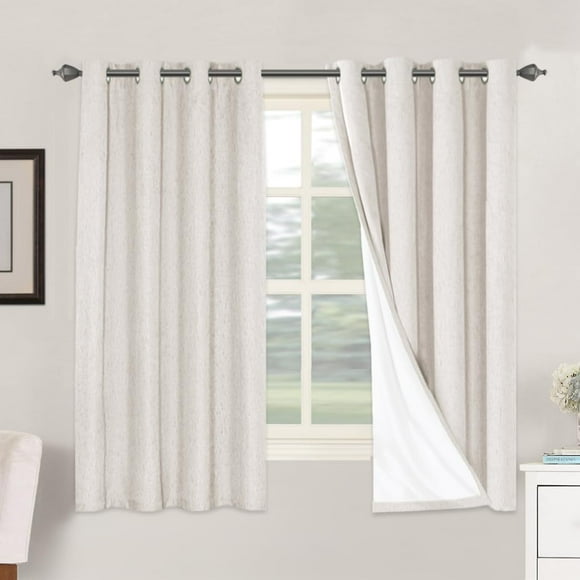 Linen Blackout Curtains 63 Inches Long 100% Absolutely Blackout Thermal Insulated Textured Linen Look Curtain Draperies Anti-Rust Grommet, Energy Saving with White Liner, 2 Panels, Ivory