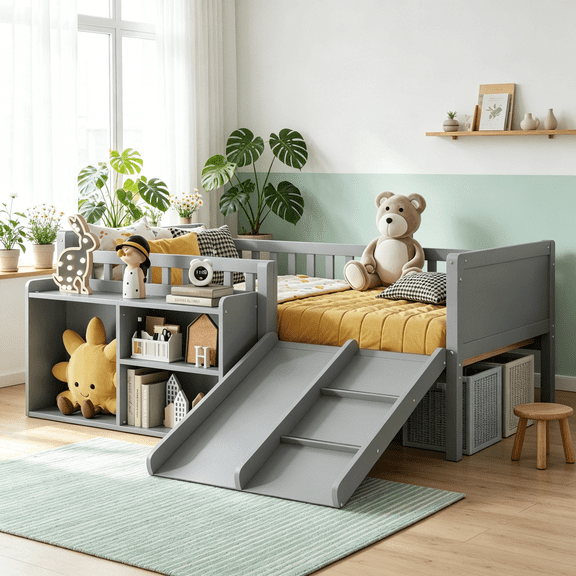JERFIT Twin Size Low Loft Bed Frame with Slide, Movable Bookshelf, Guardrails, Gray Wood Play & Storage Bed