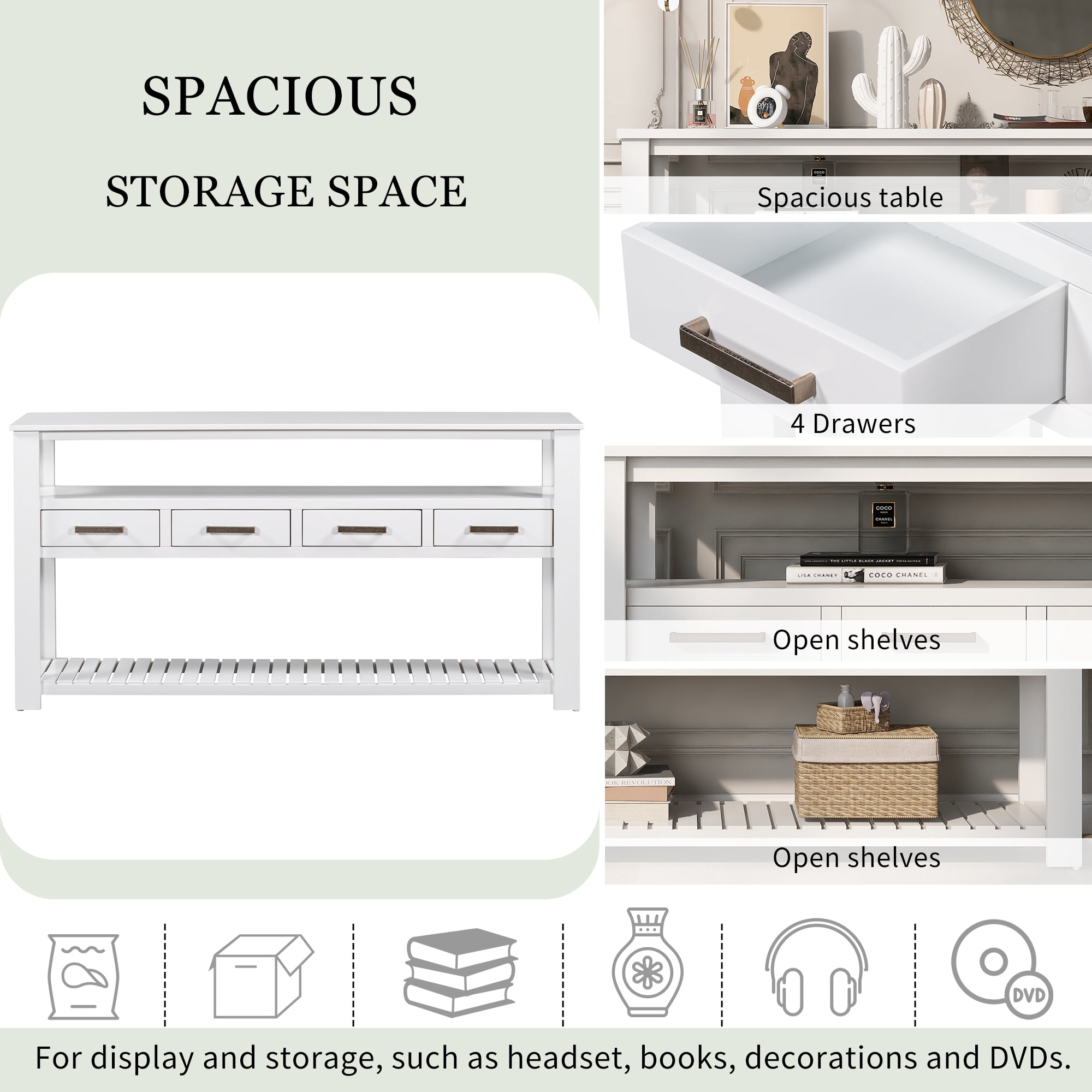 Euroco 61.5" Large Console Table,Modern Wood Entryway Table Sofa Table with 3-Tier Open Shelves & 4 Drawers for Living Room,Hallway,Foyer,White