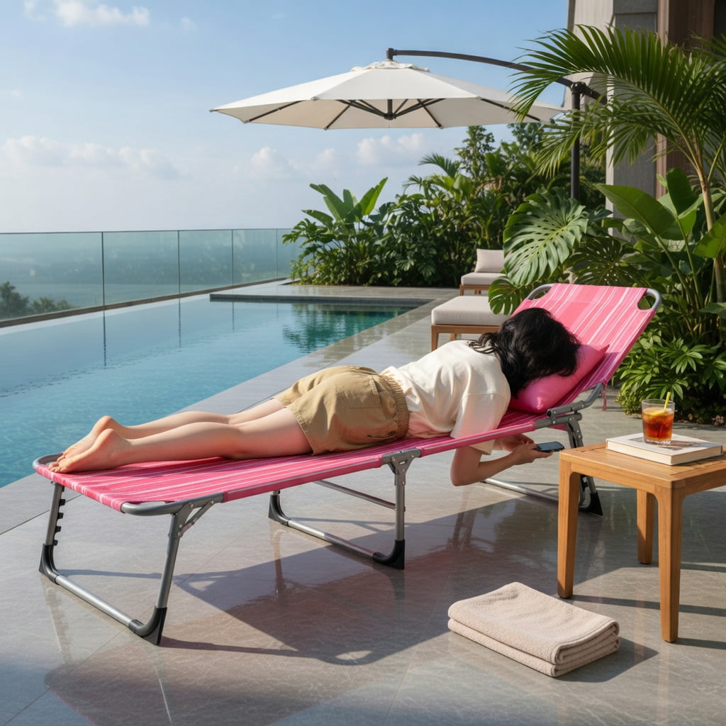 Hommoo Premium Foldable Beach Lounge Chair with Removable Pillow, Adjustable Reclining Outdoor Lounger for Beach, Pool & Patio, Pink
