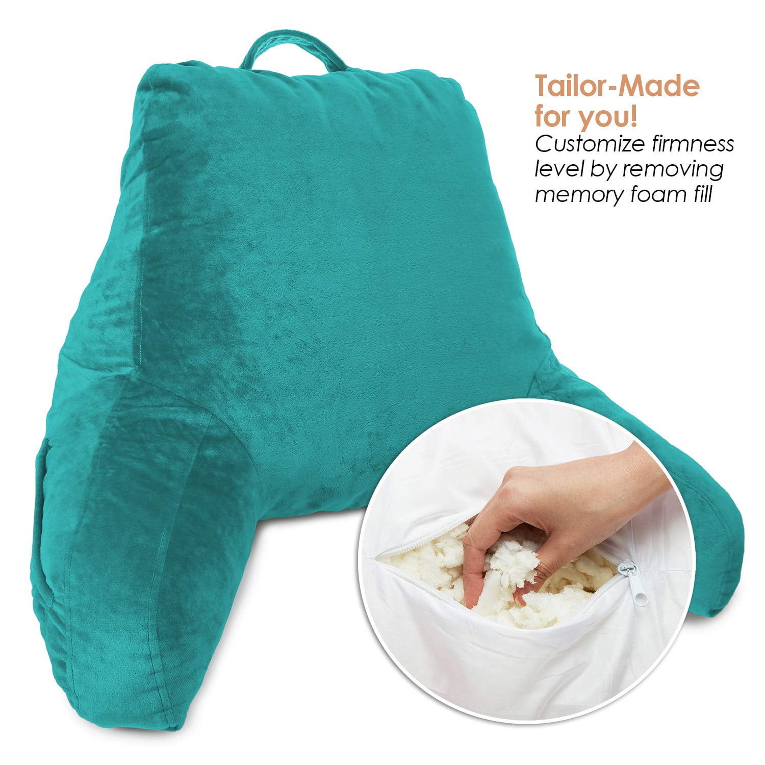 Clara Clark Bed Rest Reading Pillow with Arms and Pockets, for Kids Teens & Adults - Premium Shredded Memory Foam TV Pillow, Medium, Teal