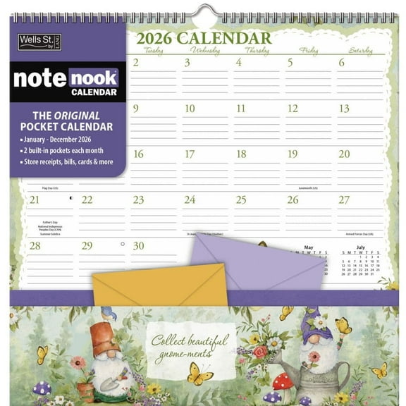 Wells Street by Lang, Gnomes 2026 Note Nook, 12'' X 12'', 12-Month Calendar with Stapled Binding