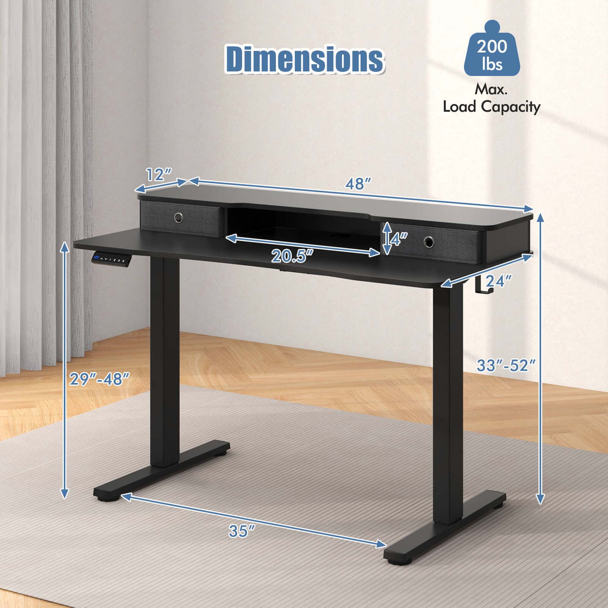 Costway 48"x 24" Electric Standing Desk with 2 Drawers Monitor Stand Storage Shelf Black