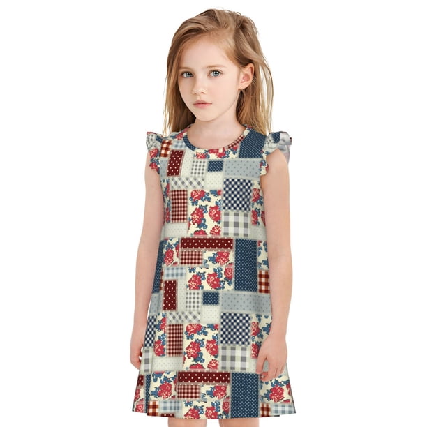 Fotbe Patchwork In Country Style Vestido de Dormir para Niñas de 3 a 10 Años, Mangas Cortas, Estilo Princesa, Pijama Camisón con Mangas Voladas-Small