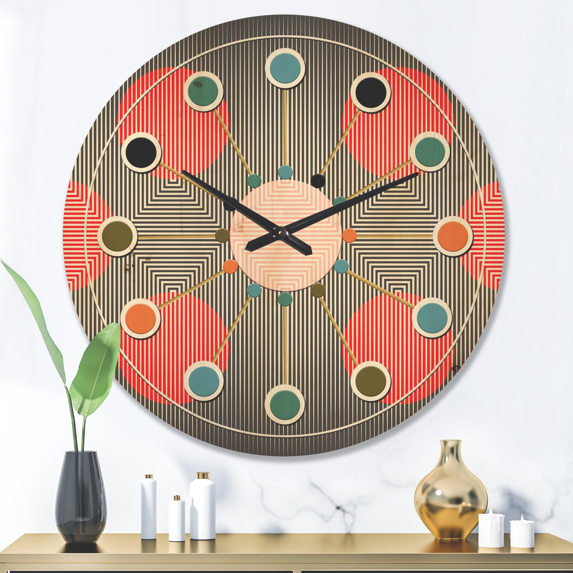 Designart 'Modern Line and Circle Geometric Pattern' Mid-Century Modern Wood Wall Clock