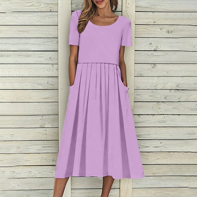 Robes à Manches Courtes Col Rond, Tenue de Fête Décontractée, Design Uni avec Poches, Style Fluide en Ligne A, Occasions Quotidiennes, Mélange de Coton Léger, Occasions Formelles Élégantes, Choix de Mode Tendance