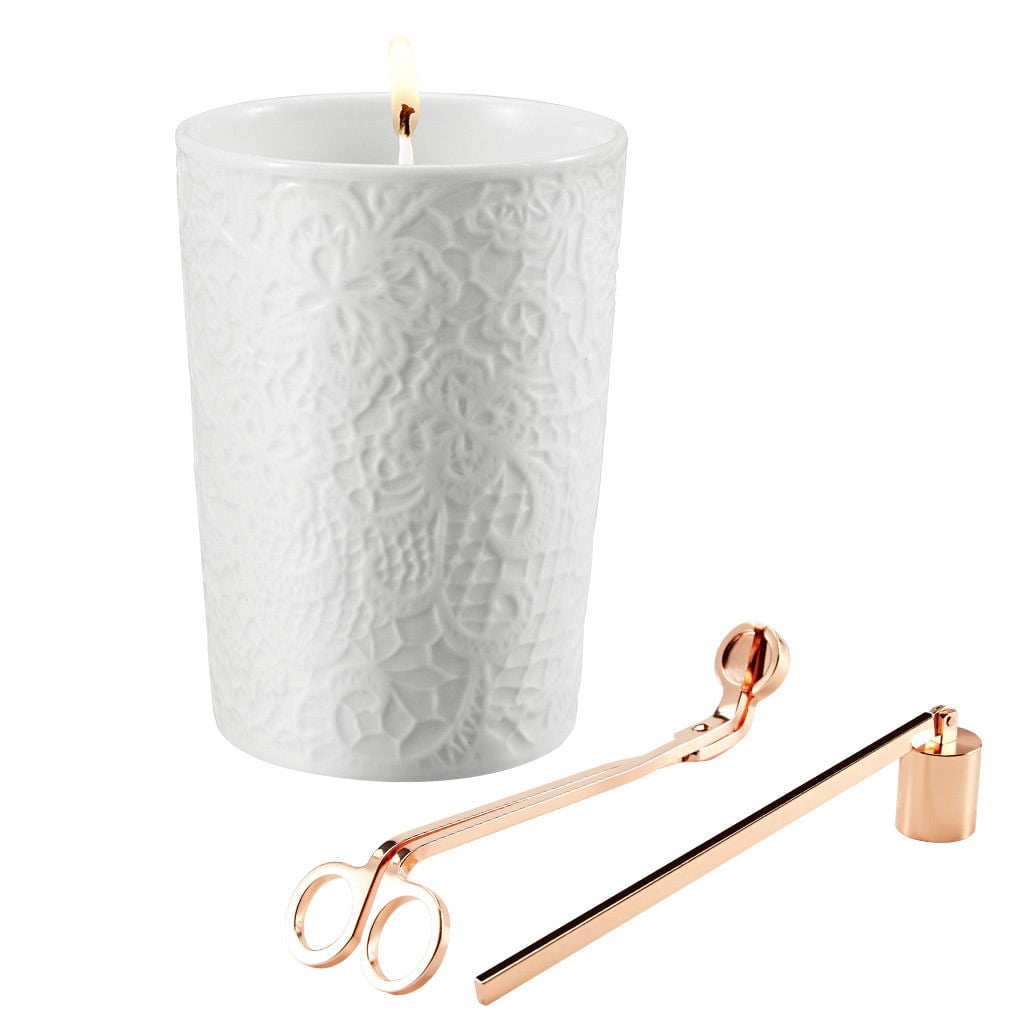 Lavender Scented Candle in Lace Textured Cup with Handy 3-In-1 Kit, 9.9 oz 100% Soy Wax 40 Hours Burn, Exquisite Ceramic Cup Set with Beautiful Gift Box