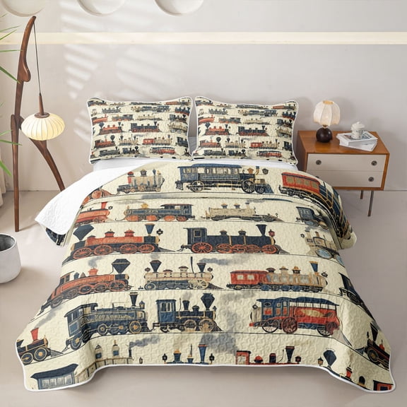 Castle Fairy Vintage Classic Antique Steam Train Twin Quilt Set for Boys,Retro Locomotive Twin Coverlet Set,Navy Red
