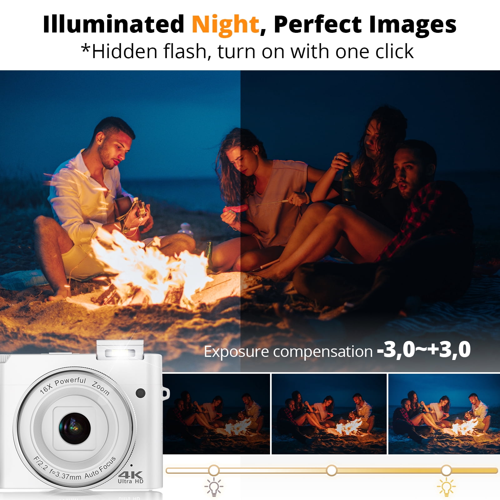 Digital Camera for Photography 4K 64MP Vlogging Camera for YouTube with 32GB SD Card, 2x Battery Charger, 16X Zoom Point and Shoot Video Camaras, Dual Lens Flash Autofocus (White)