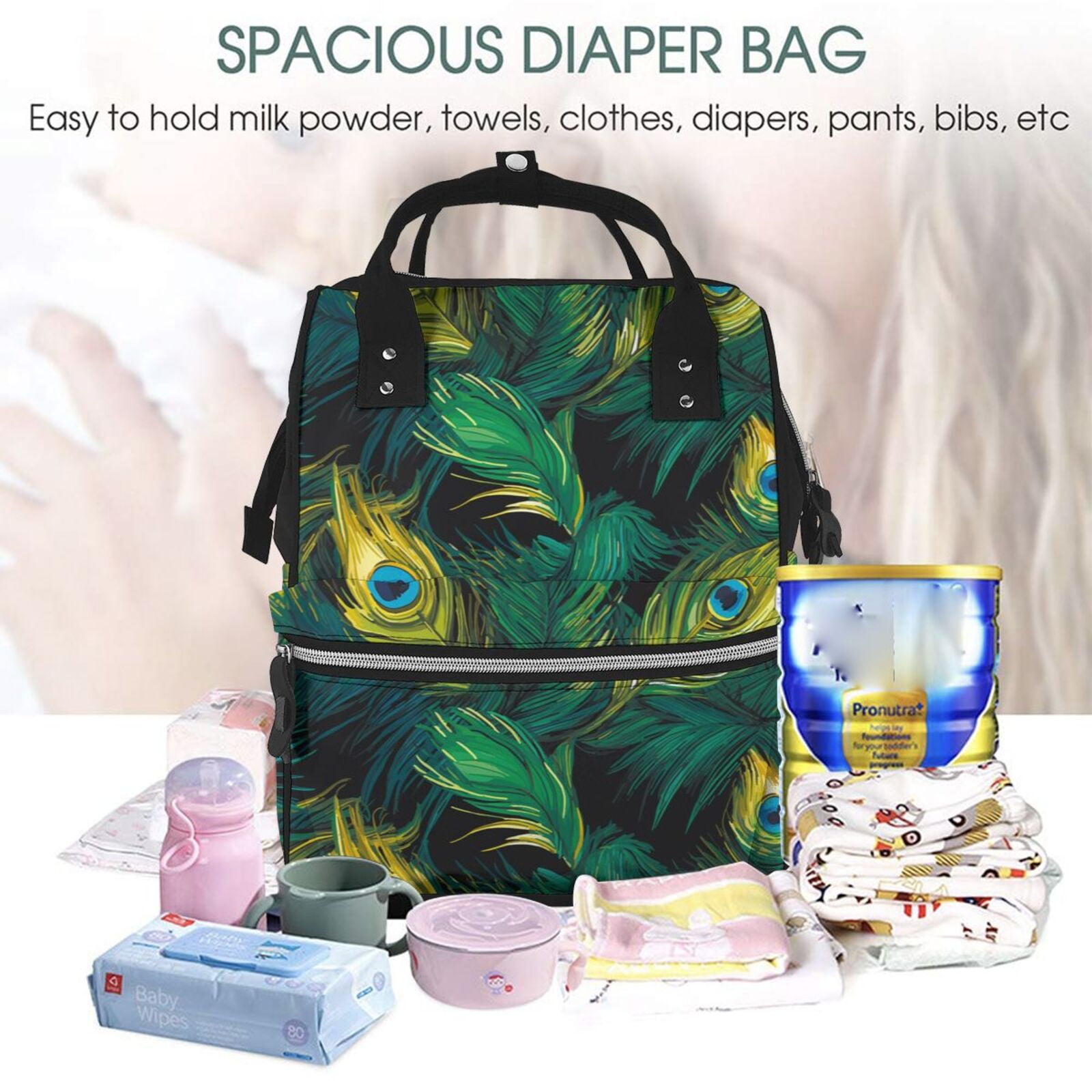 Ratiio Peacock Feathers2 Mummy Backpack - Waterproof Twill Canvas, Large Capacity Diaper Bag with Multiple Pockets and Adjustable Straps