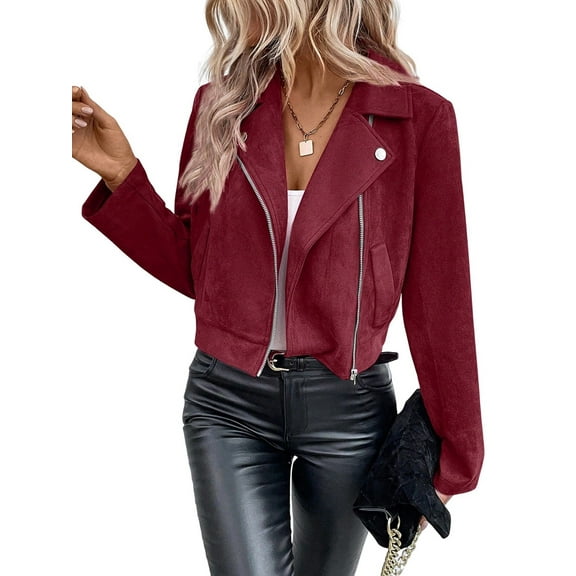 Women'S Cropped Zipper Long Sleeve Suede Faux Leather Blazer Jacket Autumn Fashion Outerwear Wine Red M