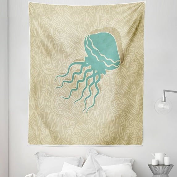 Jellyfish Tapestry, Beach Summer Oceanic Life Tropicalea Animal Nautical Abstract Pattern, Fabric Wall Hanging Decor for Bedroom Living Room Dorm, 5 Sizes, Sand Brown Seafoam, by Ambesonne