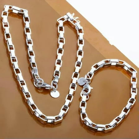 GKNET Women Men's 925 Silver Filled Long Grid Necklace Bracelet Sets Jewelry