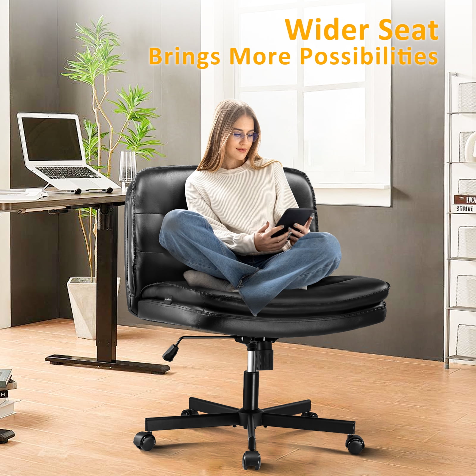 CloudRest Pro Armless Office Desk Chair, Criss Cross Swivel Chair with Wheels, Wide Seat Adult Vanity Chair for Home Office , Black