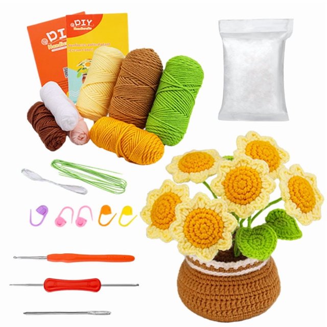 Kit de crochet para principiantes, kit de flores en maceta de crochet, kit completo de crochet para principiantes adultos con instrucciones paso a paso