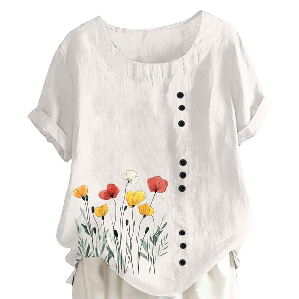Vestidos Casuales Para Mujer, Blusas De Mujer De Moda Camiseta informal de verano con cuello redondo, manga corta y botones estampados para mujer