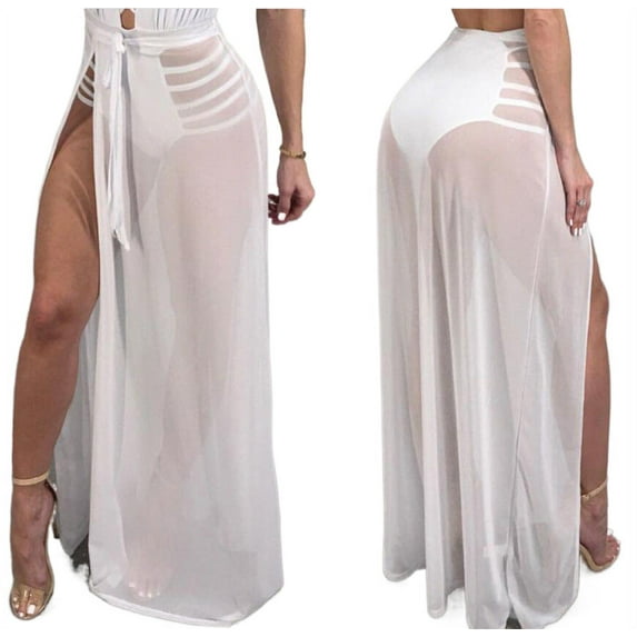 KOMOO Women Tulle Tutu Long Skirts High Waist Split Detachable Mesh Skirt Swimwear Cover Ups