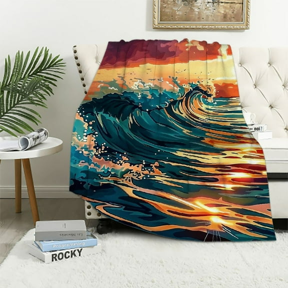 BCIIG Ocean Sea Wave Fleece Blanket Coastal Scenery Blanket for Teens Boys Girls Nature Sunset Clouds Throw Blanket Orange Blue  Living Room Decor Flannel Blanket 40x50in
