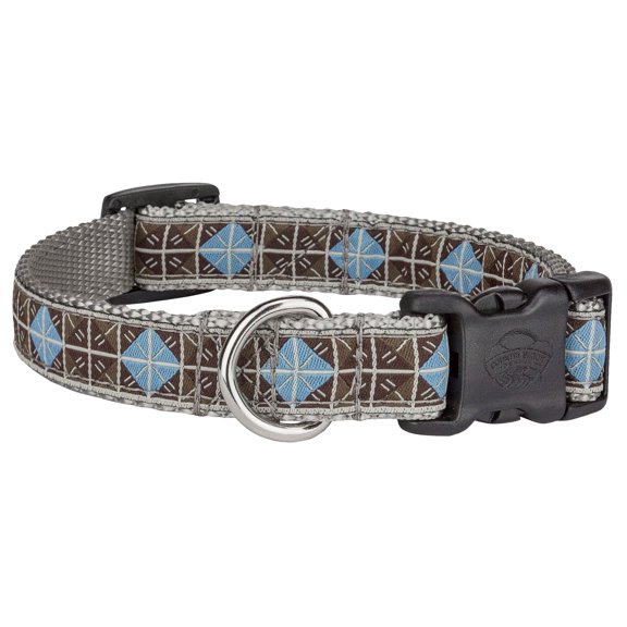 Country Brook Petz® Deluxe Blue & Brown Diamond Woven Ribbon on Silver Dog Collar Limited Edition, Medium