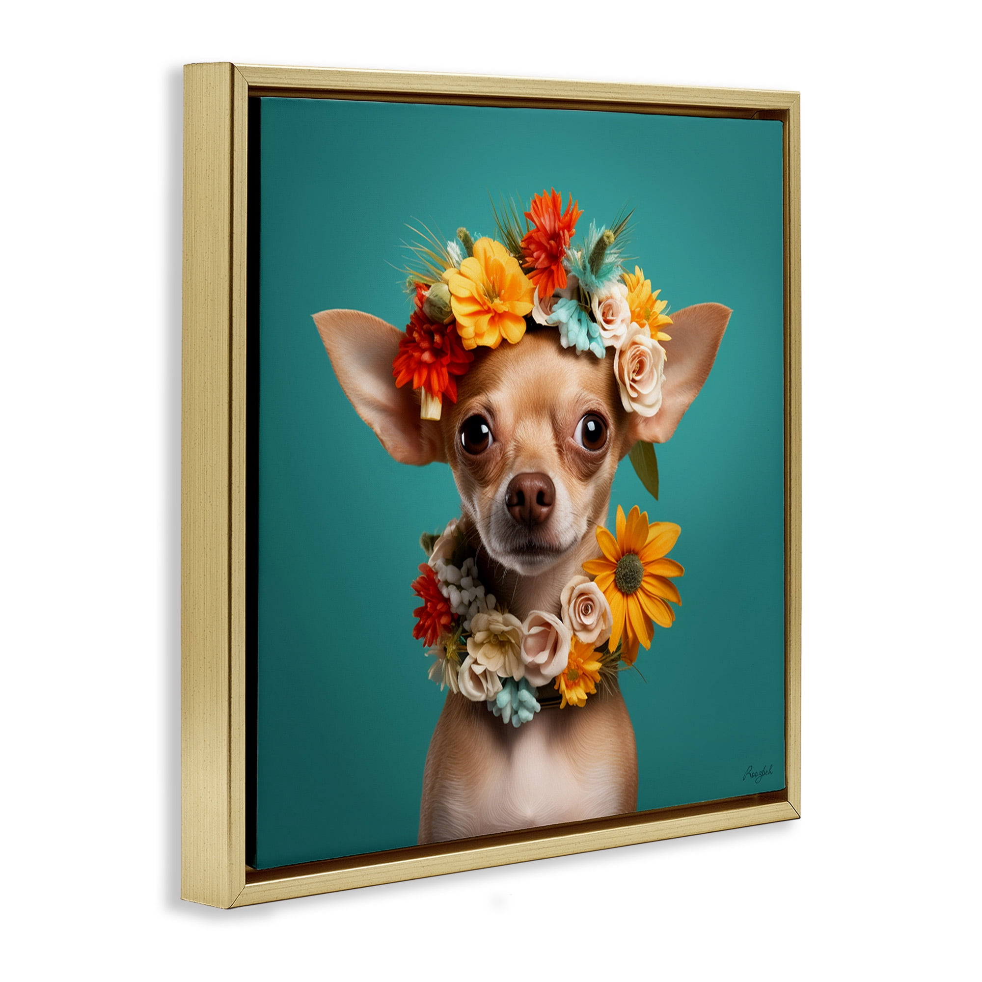 Stupell Industries Floral Chihuahua Portrait Animals & Insects Painting Gold Floater Framed Canvas Art Print Wall Art, 18 x 18