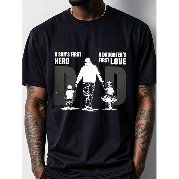Especial del Día del Padre: Camiseta gráfica "El primer héroe de un hijo, papá" para hombre - Suave 100 % algodón, transpirable y de secado rápido, cuello redondo negro con cita conmovedora, perfecta