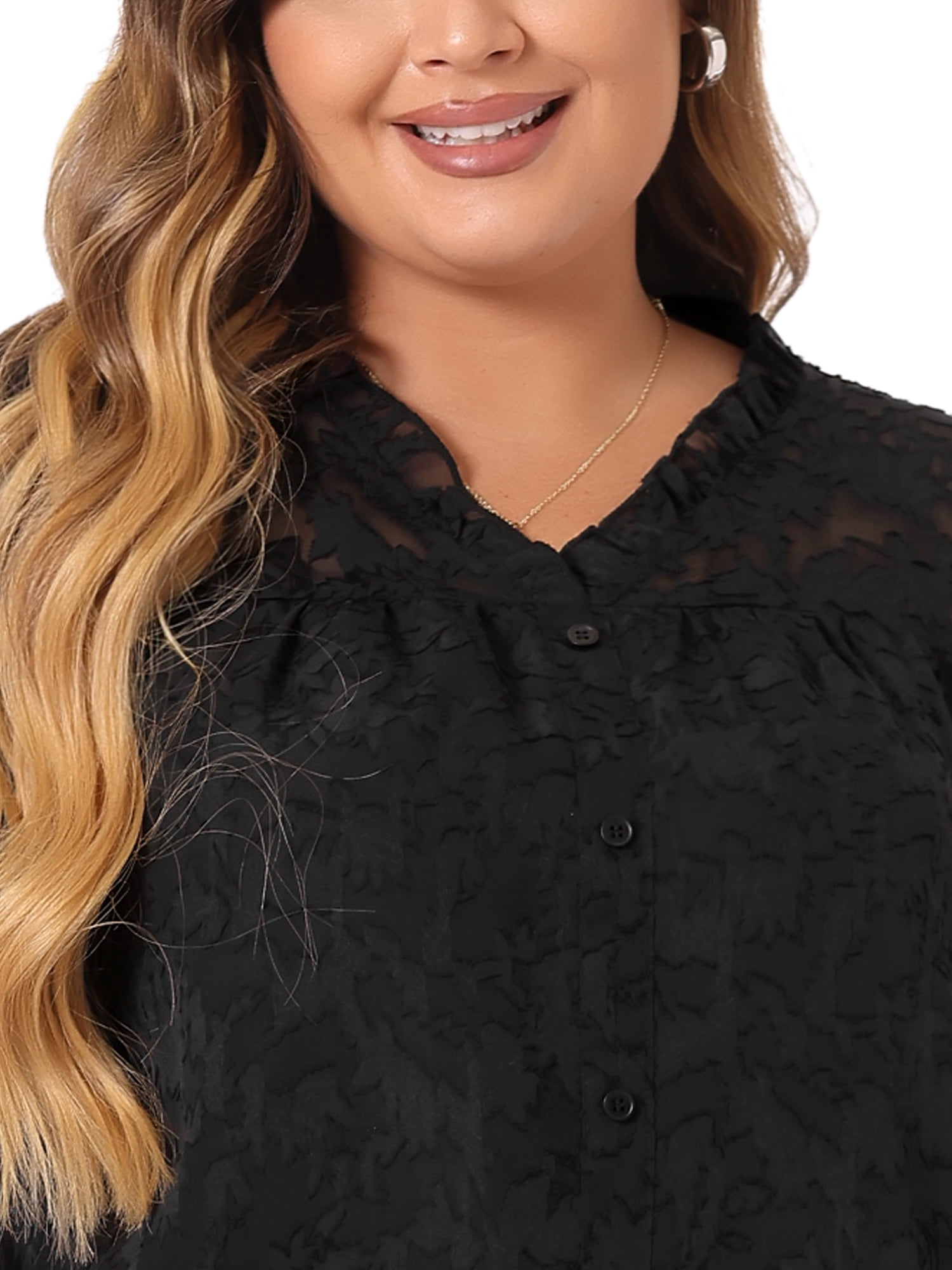 DARING DIVA Women's Plus Size V Neck 3/4 Bell Sleeve Semi Sheer Blouses 2X Black
