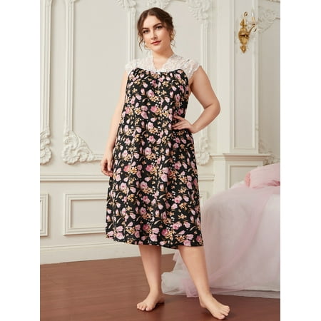 

Women s Plus Lace Shoulder Bow Detail Floral Print Nightdress 4XL(20) Multicolor Elegant F22001D