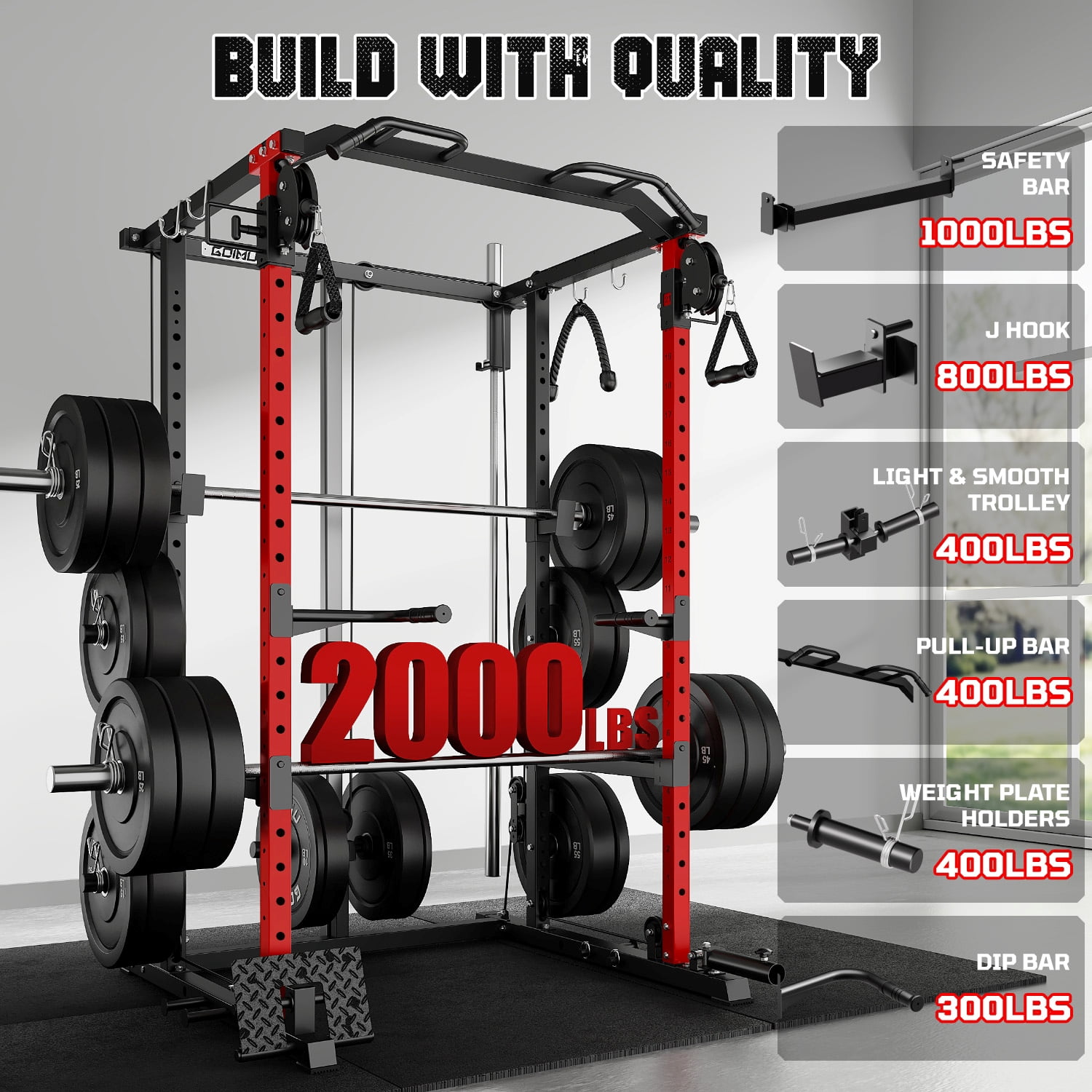 MITONOS Power Cage, 2000LB Squat Rack with Cable Crossover System, Multi-Function Weight Cage, Home Gym Workout Machine with More Training Attachments, RD