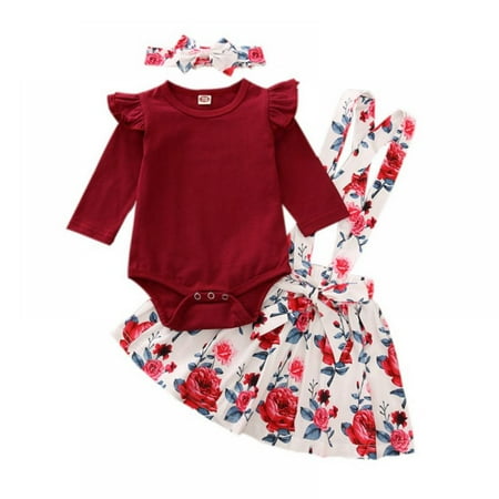 

SYNPOS Baby Girl Clothes Long Sleeve Romper + Flower Strap Skirt Infant Toddler Summer Outfit 0-24 Months