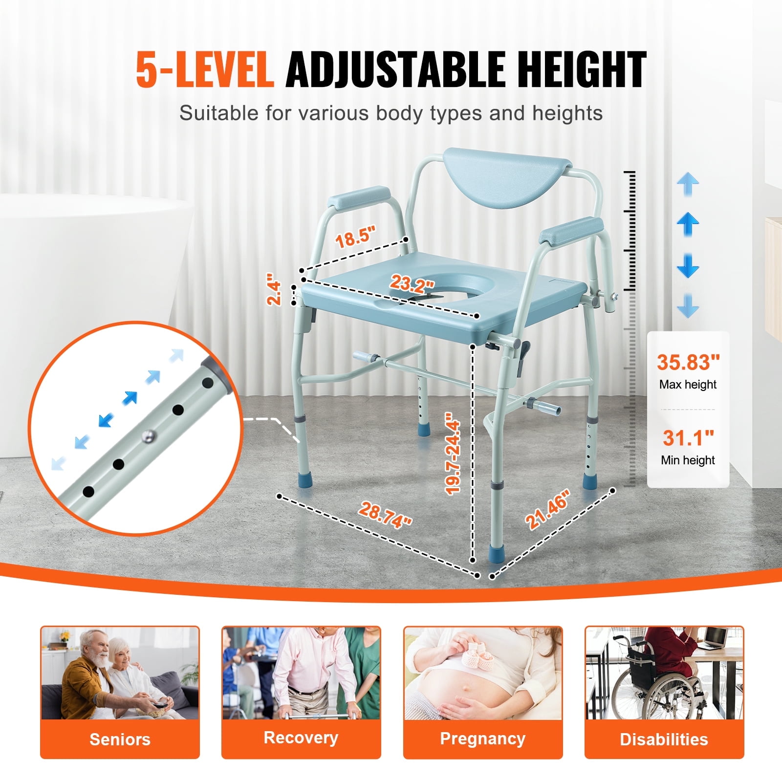 KFFKFF Portable Commode Chair, Adjustable Height with 5 Levels, Drop-Arm Design, Detachable Backrest, 7L Easy-Clean Bucket, Quick Assembly, Supports up to 1000lbs, Ideal for Elderly and Adults