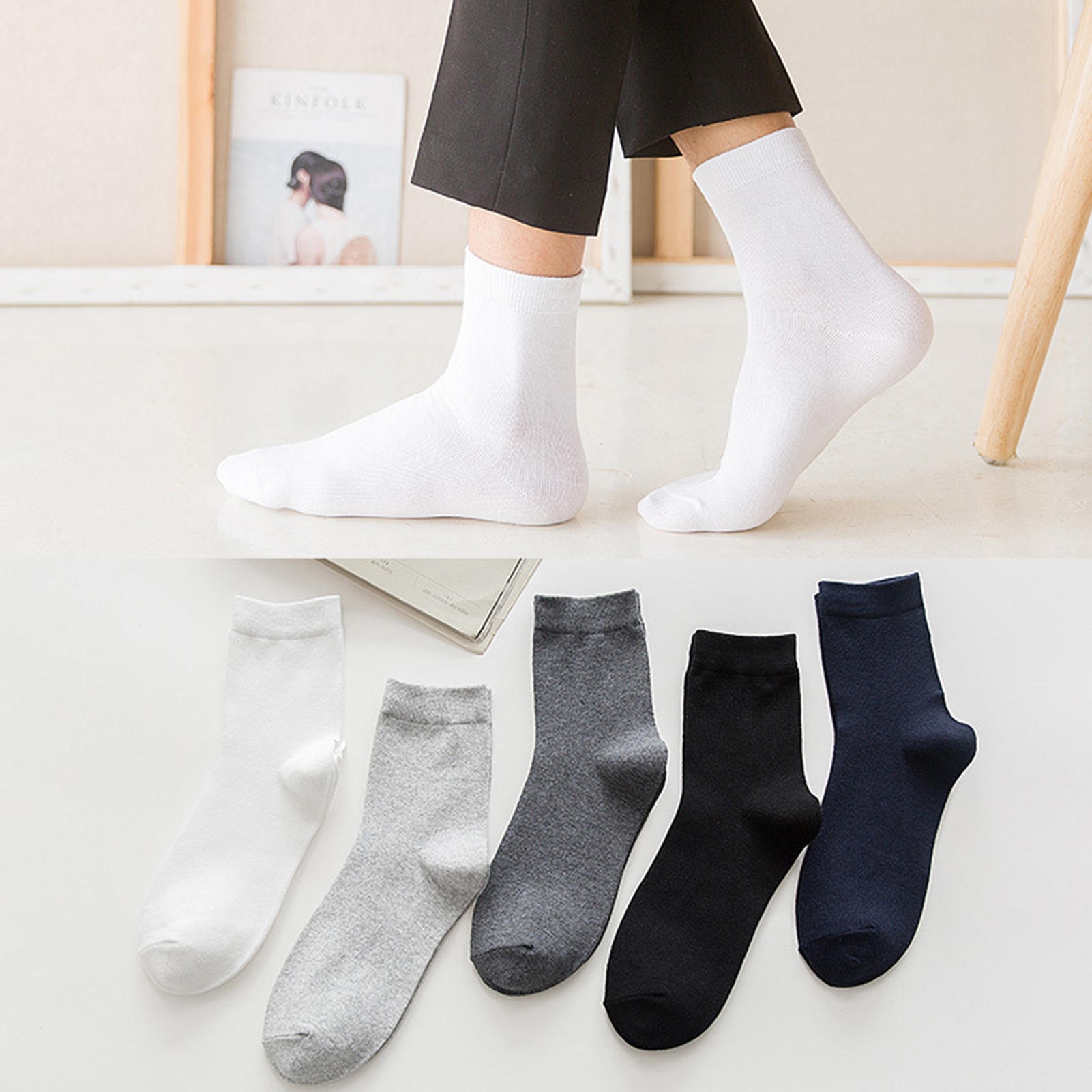5 Pairs Spring Summer Men Socks Stretchy Solid Color Sweat-absorbent ...