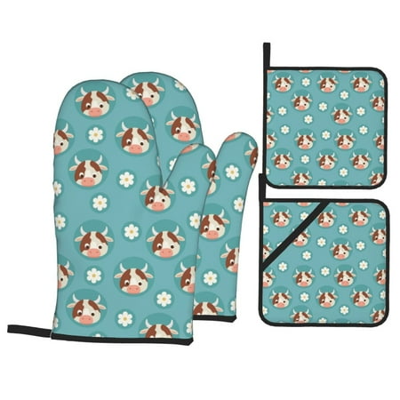 

Oven Mitts and Pot Holders Sets 4 pcs Classic Cartoon Cute Cow Daisy Non-Slip Oven Gloves Potholders Soft Quilted Lining Heat Resistant Gloves Hot Pads for Kitchen Cooking Baking