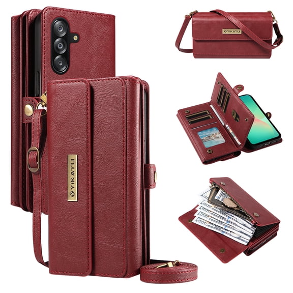 Wallet For Samsung Galaxy A26 5G Case with RFID Blocking [9 Card Holder] [3 Cash Slots] [1 Zipper Pocket] for Women Men,Magnetic Snap Closure PU Leather Flip Stand Crossbody Strap Case,Red