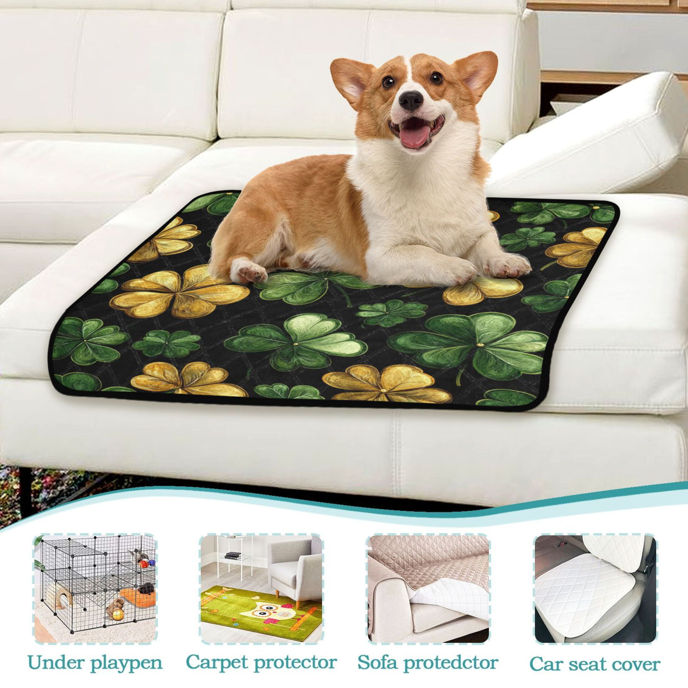 Qxltty Stpatricks Day Four Leaves Clover Cat litter Pads Pet Set of 2 Diaper Mats Center Anti-leakage Layer Absorbent Soft and Comfortable