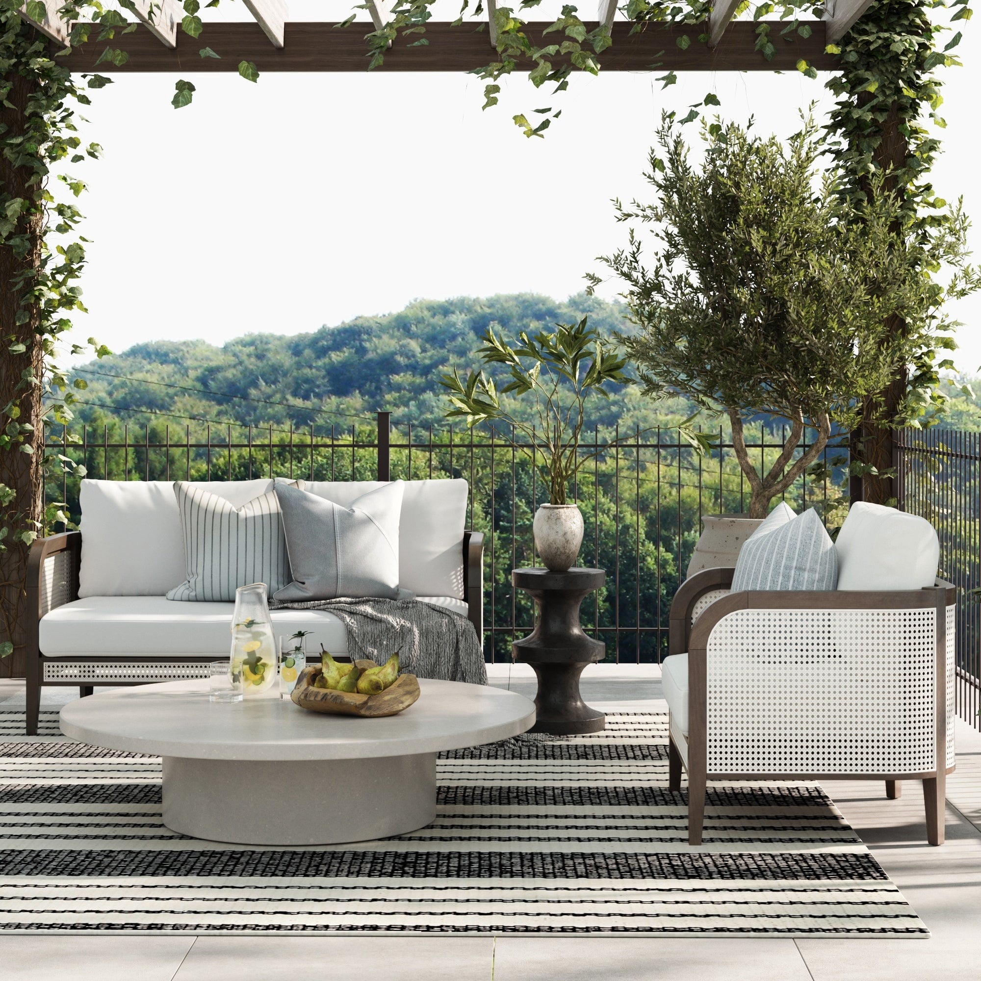 Nathan James Twila Boho Rattan Chair, Outdoor Lounge Chair, Cushioned Patio Chairs with Rattan Arms, Solid Wood Frame, Linen White