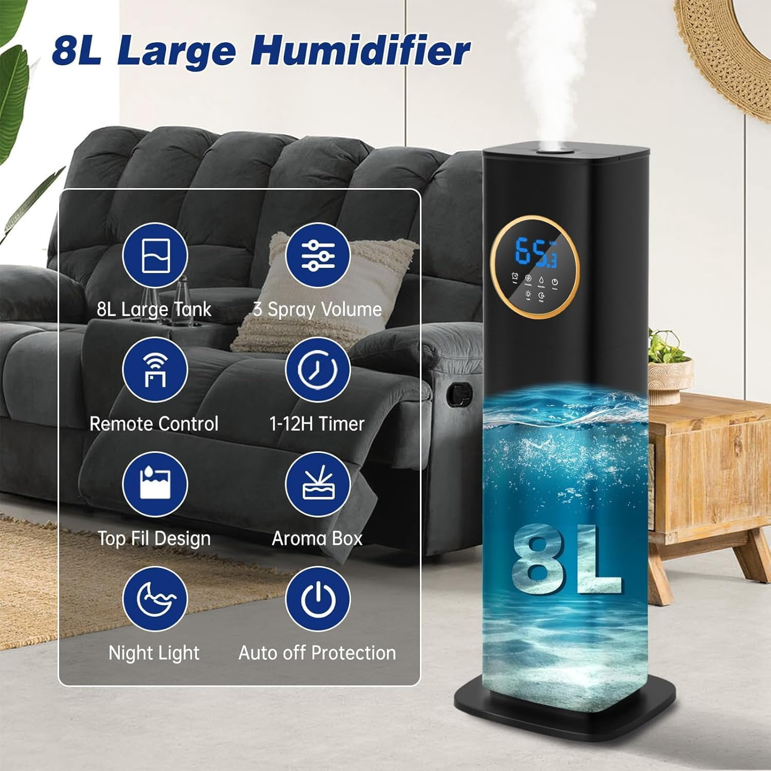 Humidifiers for Bedroom, 2.1Gal/8L Cool Mist Humidifiers for Home, Large Room with Essential Oil Diffuser(Black)