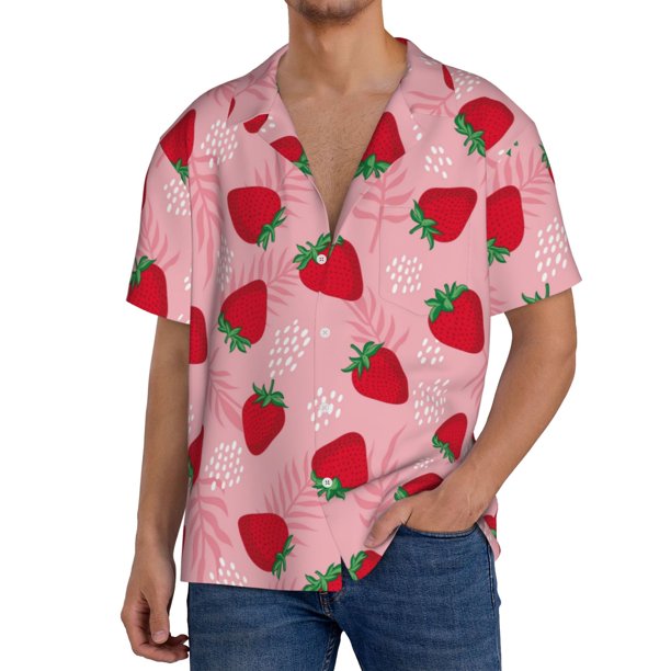 Balery Strawberry Camisa Casual de Manga Corta con Botones para Hombre, Texturizada, Estilo Cubano, para Playa, Verano-XX-Large