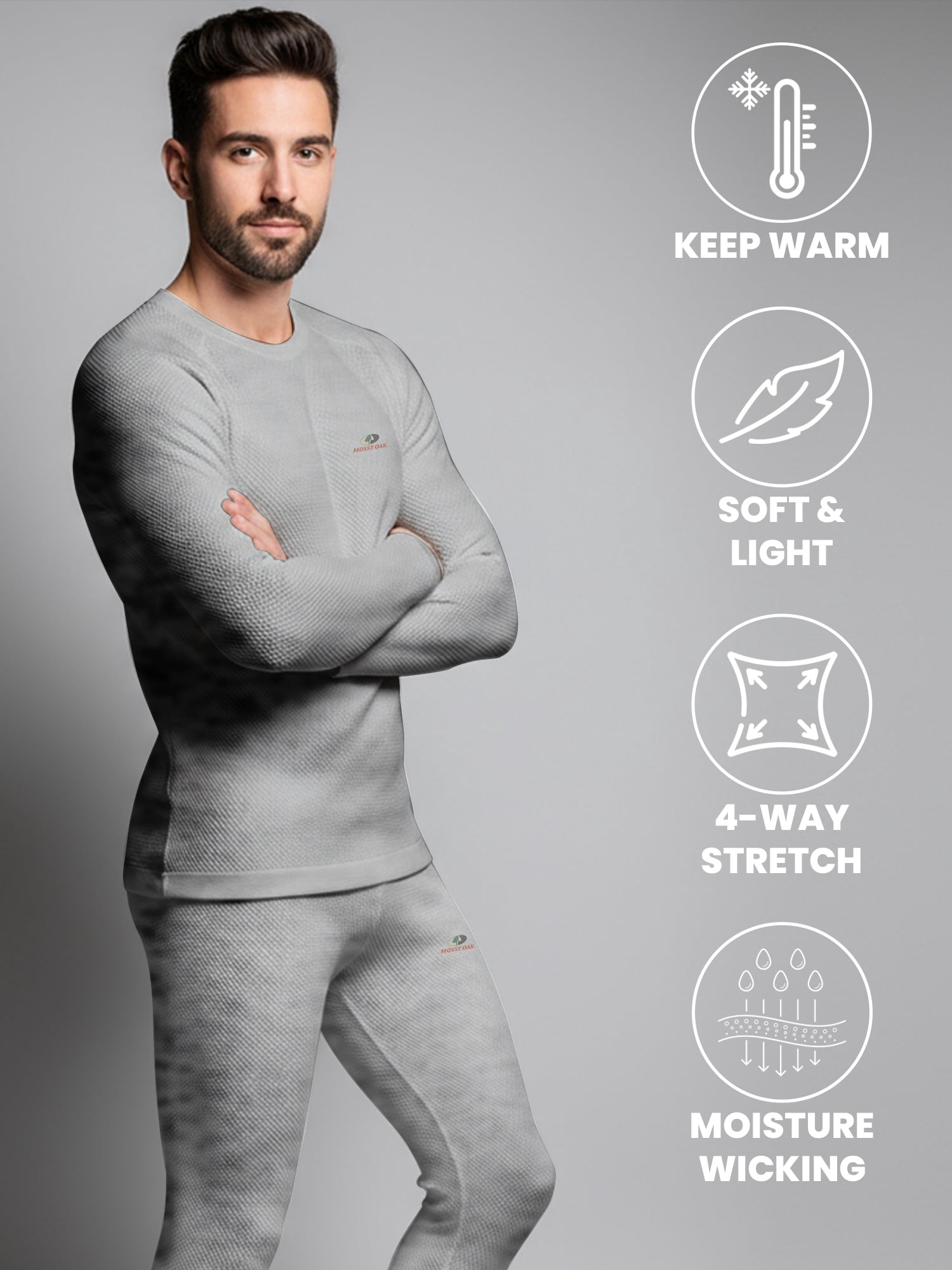 Mossy Oak Mens Thermal Underwear Set Insulated Shirt & Long Johns, Grey Heather 2X