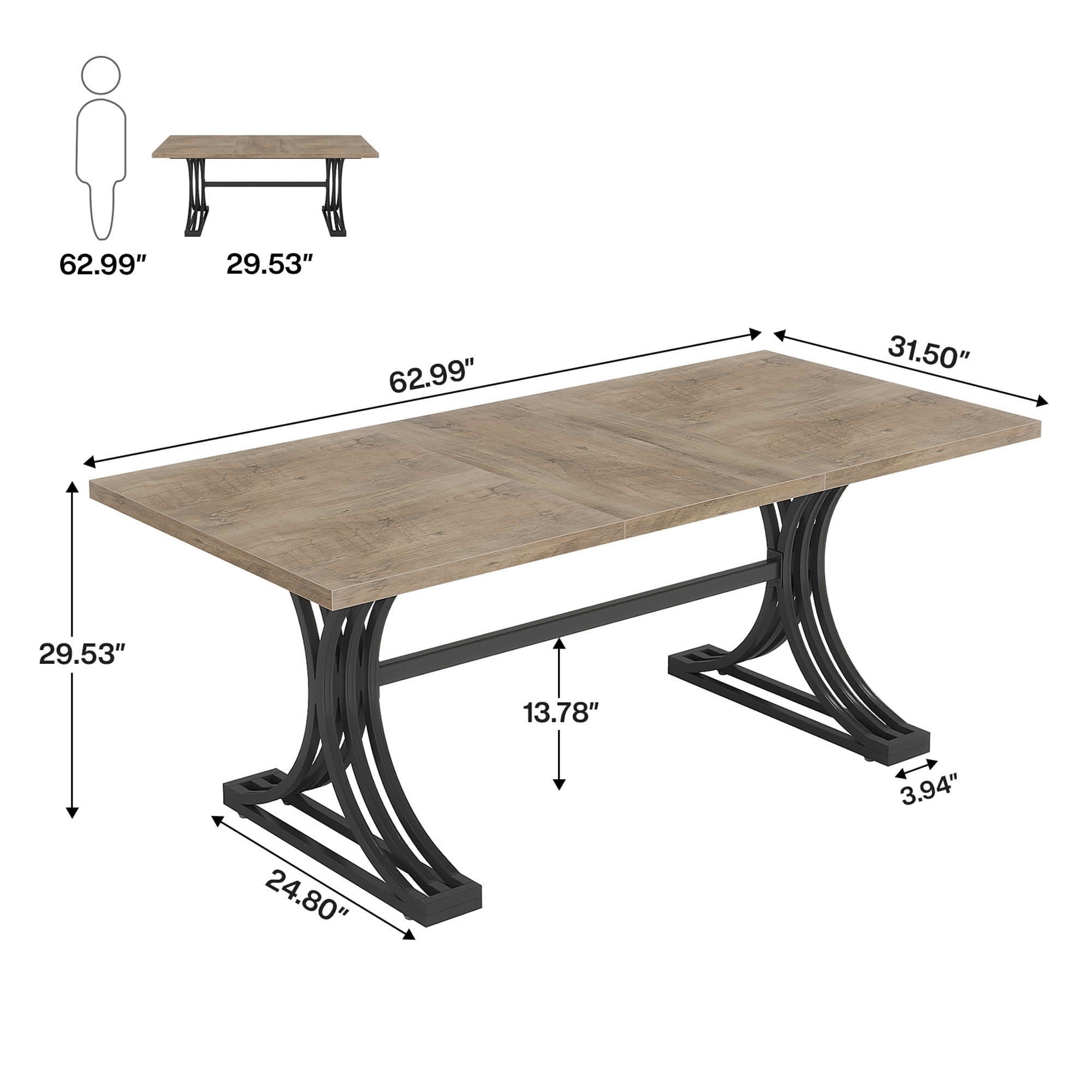 MAYEERTY 63" Modern Rectangular Dining Table, Gray Faux Marble Tabletop, Half-Moon Black Metal Legs with Anti-Scratch Foot Pads