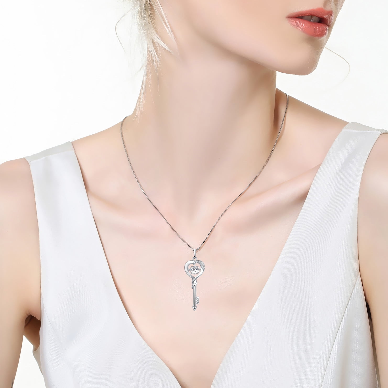 MABELLA Dancing Diamond Key to Heart Sterling Silver Key CZ Pendant Necklace, 18"