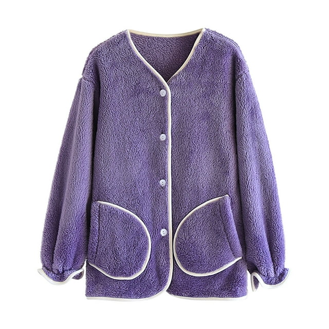 MeetoTime Womens Pajama Top with Pocket Fall Winter Thick Warm Buttons Wave Long Sleeved Fleece Home Clothes