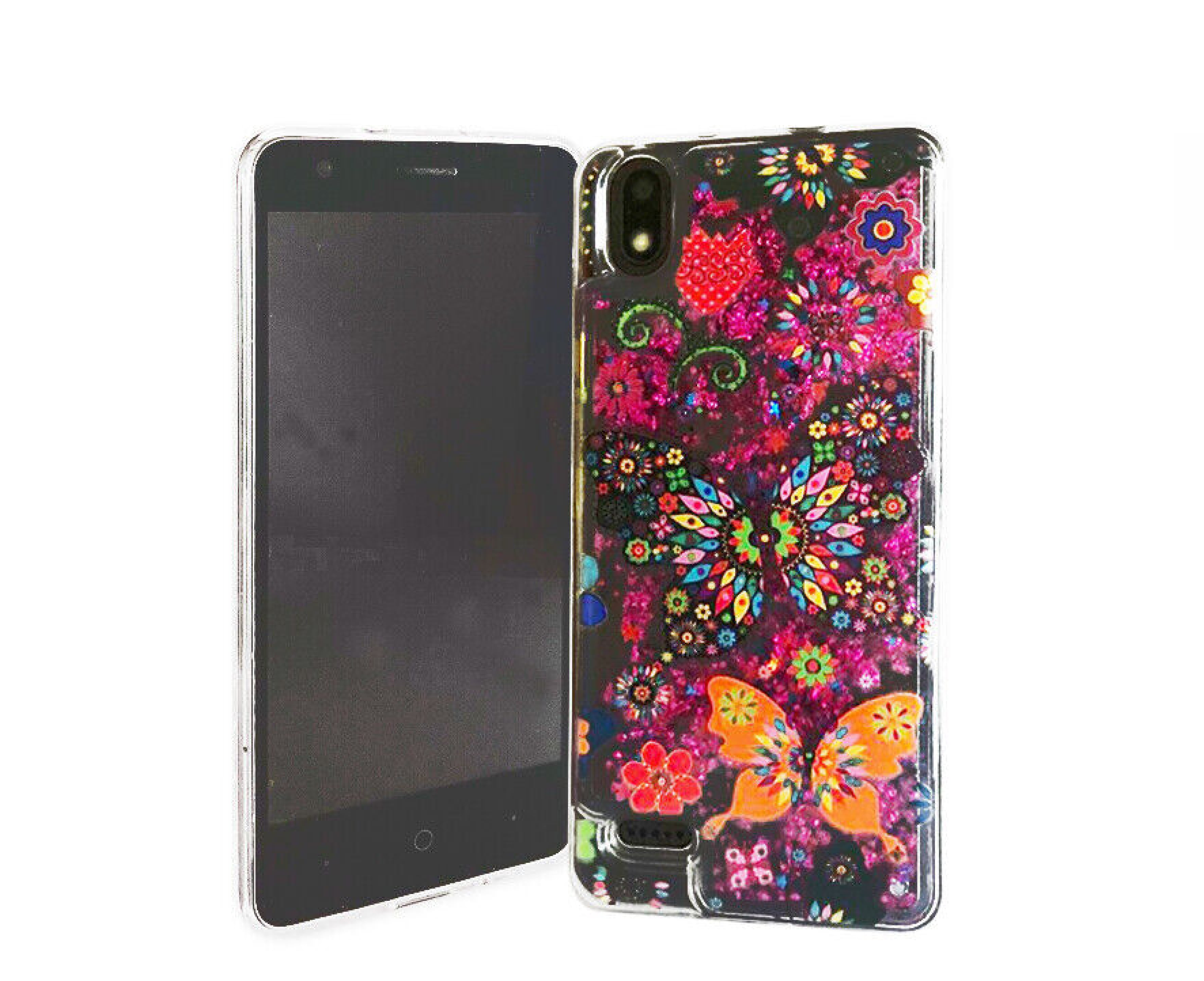 For ZTE Blade T2 Lite Z559DL Liquid Glitter Cover Phone Case + Tempered  Glass - Color Butterfly