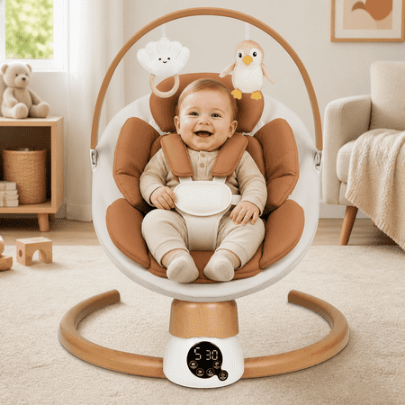 PRVAETU Baby Swing for Infants & Newborns 0-12 Months,Swing Rocker with 3 Timers,5 Speeds,10 Lullabies,5-Point Harness,Remote Control,Brown