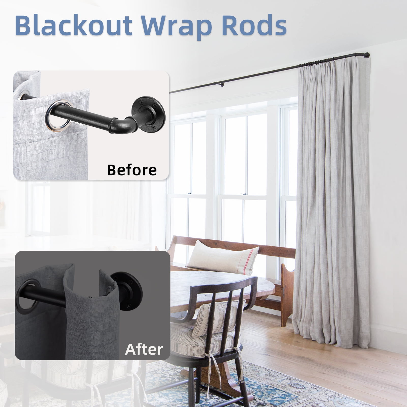 1 Inch Industrial Adjustable Curtain Rod for Windows 48 to 86,Indoor/Outdoor Pipe Wrap Around Curtain Rod