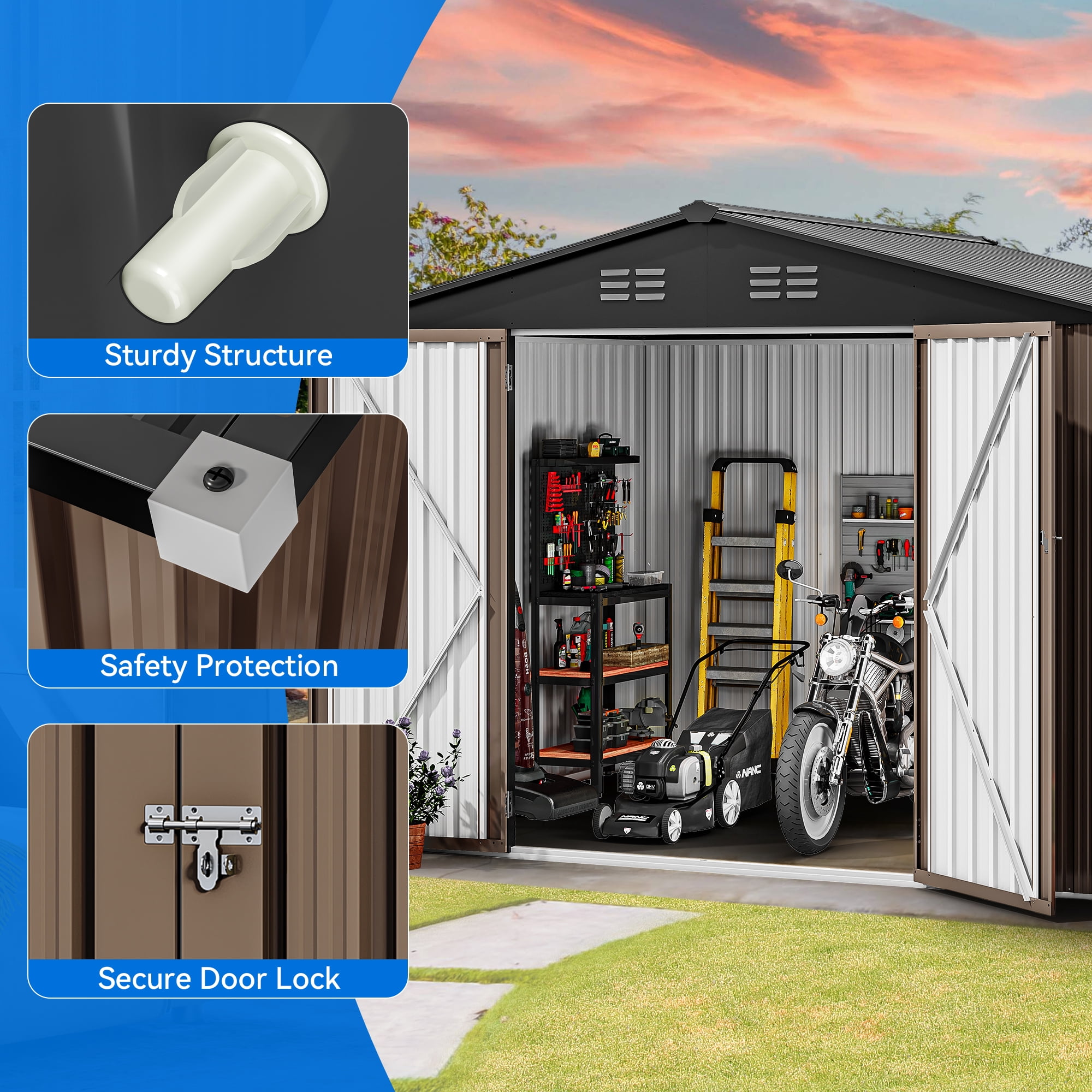 Dextrus 10x8ft Large Outdoor Storage Shed, Heavy Duty Tool Metal Storage Sheds House with Lockable Doors & Air Vent